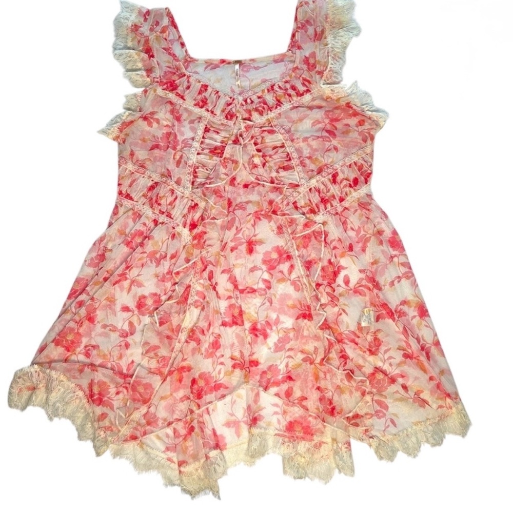 Free People Ivie Tunic Sheer Lace Ruffle Floral Pink XL NWT - Picture 4 of 5